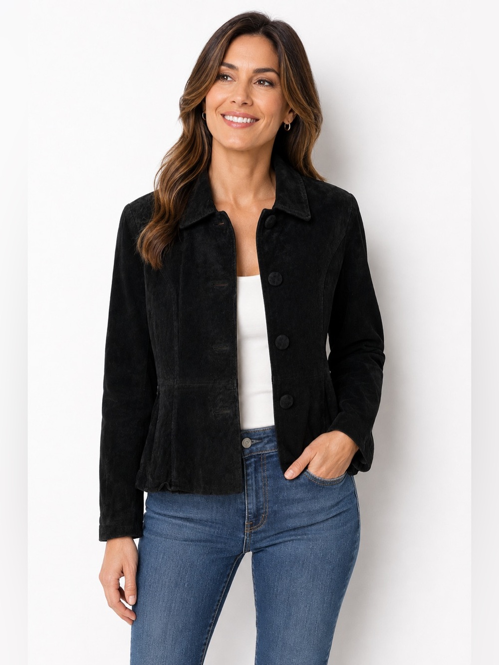 Monterey Bay Black Suede 100% Leather Jacket Button Front Coat Womens Size 14 XL